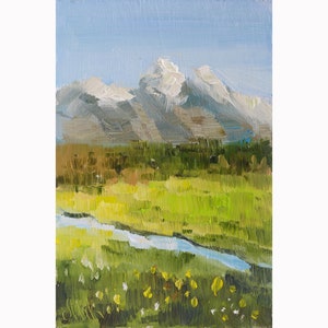 Grand Teton Oil Painting Wyoming Mountains Original Wall Art Yellowstone National Park Artwork by Nataly Mak