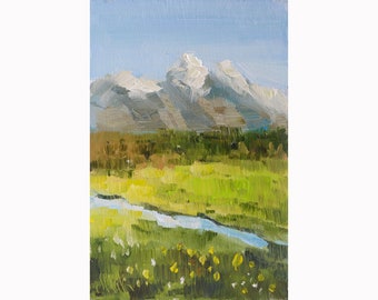 Grand Teton Oil Painting Wyoming Mountains Original Wall Art Yellowstone National Park Artwork by Nataly Mak