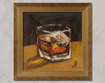 Bourbon Oil Painting Old Fashioned Framed Cocktail Original Whiskey Bar Art