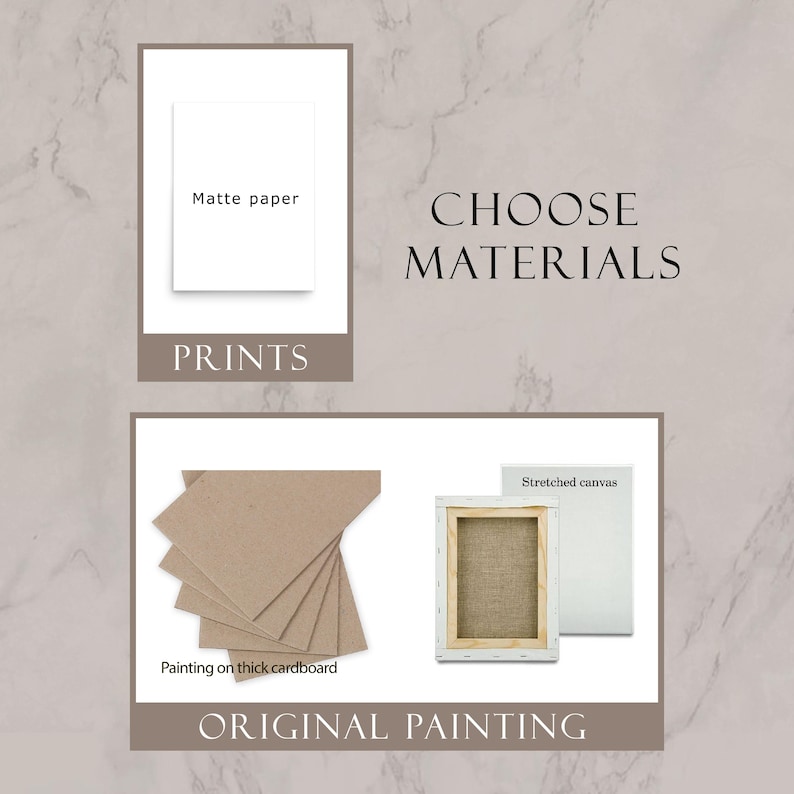 May include: A product selection guide titled CHOOSE MATERIALS with two categories. PRINTS features a white rectangle labeled Matte paper. ORIGINAL PAINTING displays a stack of brown thick cardboard and a rectangular stretched canvas frame.