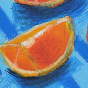 May include: Three orange slices on a blue and white striped background. The orange slices are painted in a realistic style with orange, yellow, and white hues.