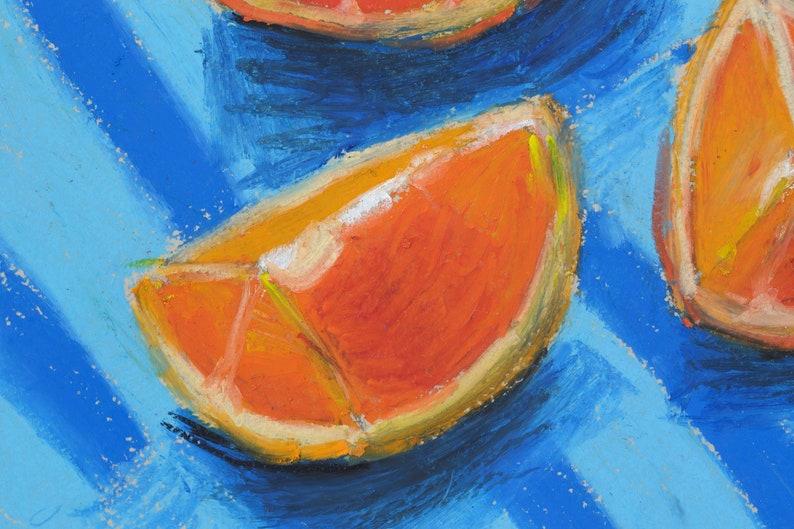 May include: Three orange slices on a blue and white striped background. The orange slices are painted in a realistic style with orange, yellow, and white hues.