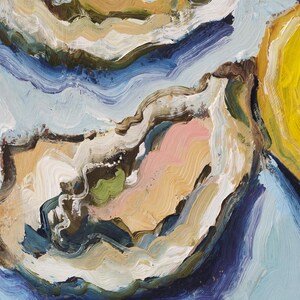 May include: An oil painting featuring two open oysters and a bright yellow lemon wedge. The composition uses thick, visible brushstrokes in shades of blue, white, tan, pink, and green. The artist's signature, Mak, is visible in the bottom left corner.