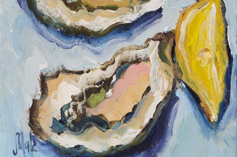 May include: An oil painting featuring two open oysters and a bright yellow lemon wedge. The composition uses thick, visible brushstrokes in shades of blue, white, tan, pink, and green. The artist's signature, Mak, is visible in the bottom left corner.