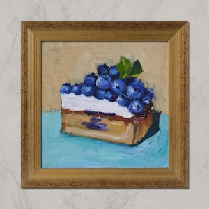 Dessert Oil Painting  in Frame Blueberry Pie Cake Wall Art Candy Cake Artwork Vintage Still Life Painting 6x6&#39;&#39; NatalyMak