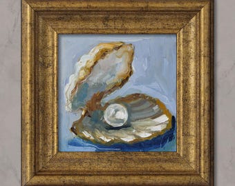 Seashell Pearl Oil Painting Framed Oyster Original Wall Art Beach House Wall Decor