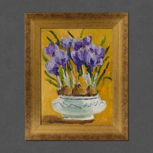Crocus Original Painting Abastract Flowers Bouquet in Vase Wall Art Purple Flowers Oil Artwork 8x6'' by NatalyMak