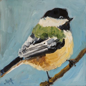 Chickadee Oil Painting in Frame Bird Original Small Wall Art Blue Tit Painting Impasto Artwork 6x6'' by NatalyMak