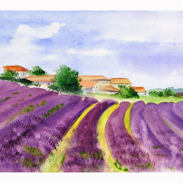 Lavender Fields Original Painting Tuscany Provence  Watercolor Impressionist Farm Rural Landscape 12x8'' by Nataly Mak