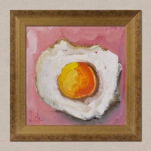 Fried Egg Oil Painting Still Life Wall Art in Frame Kitchen Food Artwork Breakfast Painting 6x6'' NatalyMak