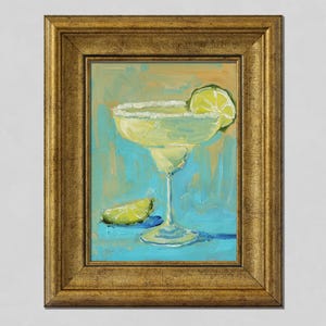 Margarita Oil Painting in Frame Still Life Original Wall Art Lime Cocktail Drink Art Abstract Alcohol Wall Decor 8x6&#39;&#39; by Nataly Mak