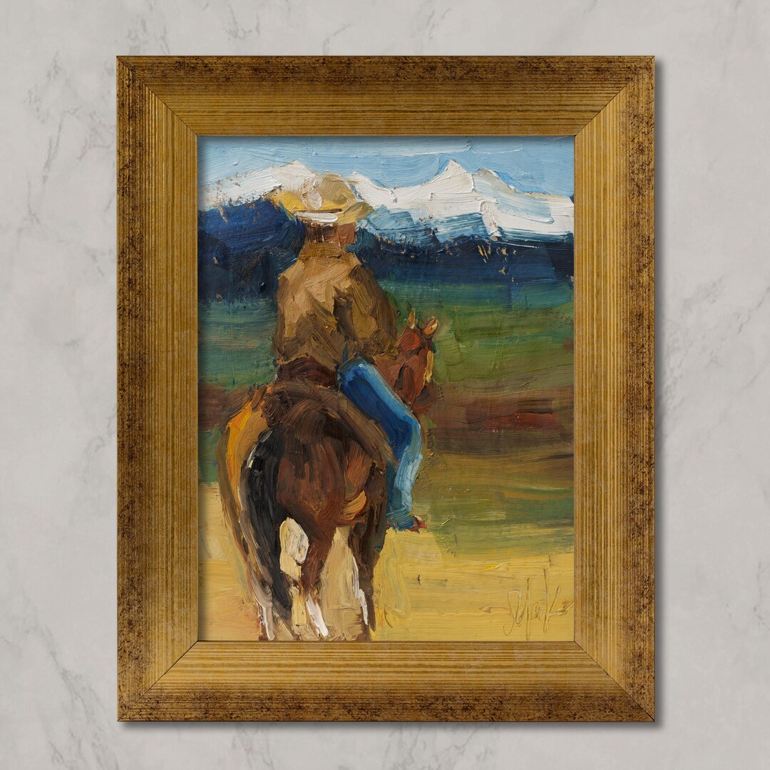 Cowboy on Horse Oil Painting Framed Western Rodeo Original Wall Art ...