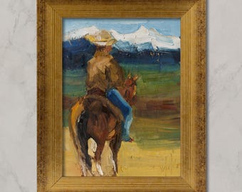 Cowboy on Horse Oil Painting Framed Western Rodeo Original Wall Art Texas Desert Decor