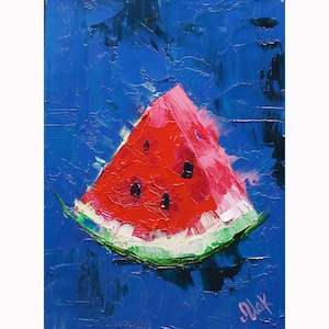 Watermelon Oil Painting Tiny Fruit Painting Small Oil Art Impasto Original Painting 8x6&#39;&#39; by NatalyMak
