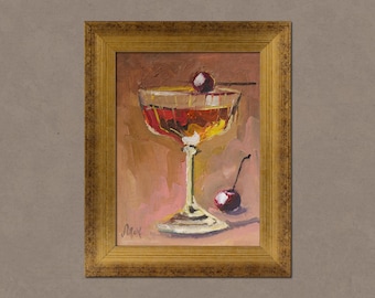 Manhattan Cocktail Oil Painting Original | Cherry Bar Cart Wall Art | Whiskey Decor Gift