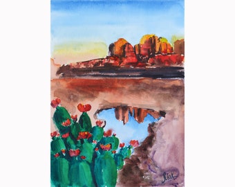 Grand Canyon Painting Arizona Desert Original Watercolor National Park Art Cactus Wall Art 7x10'' by NatalyMak