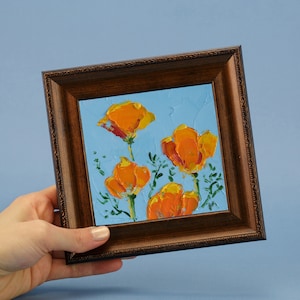 California Poppy Oil Painting in Frame Floral Original Artwork Yellow Poppy Impasto Wall Art by NatalyMak