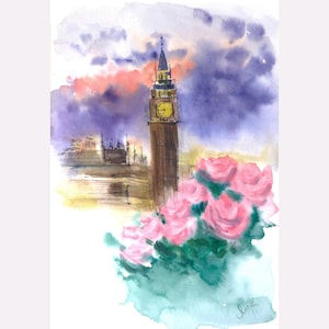 London Painting Big Ben Original Wall Art England Watercolor Palace of Westminster Great Britain Urban Artwork by Nataly Mak