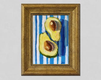 Avocado Original Oil Painting Framed Fruit Still Life Wall Art Food Artwork Kitchen Decor
