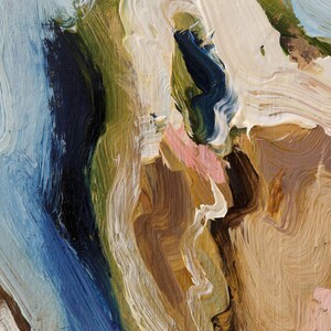 May include: An abstract oil painting featuring thick, textured brushstrokes in a palette of light blue, deep navy, olive green, creamy white, earthy brown, and soft pastel pink. The paint application creates a layered, dimensional surface.