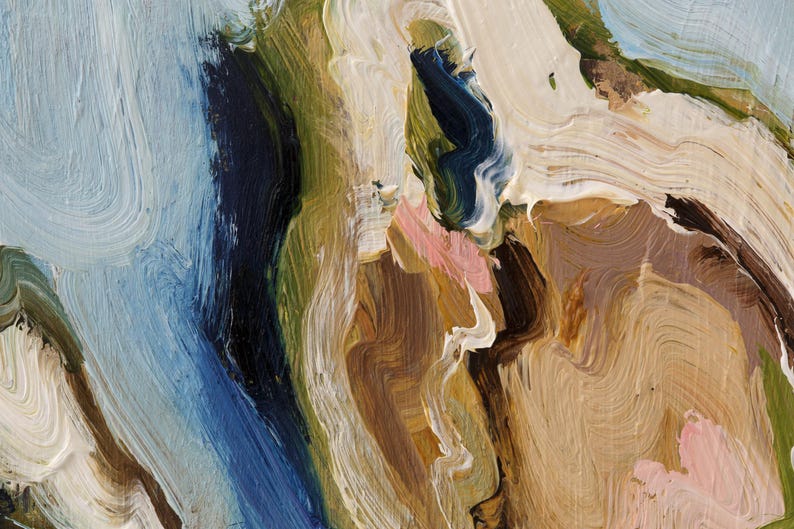 May include: An abstract oil painting featuring thick, textured brushstrokes in a palette of light blue, deep navy, olive green, creamy white, earthy brown, and soft pastel pink. The paint application creates a layered, dimensional surface.