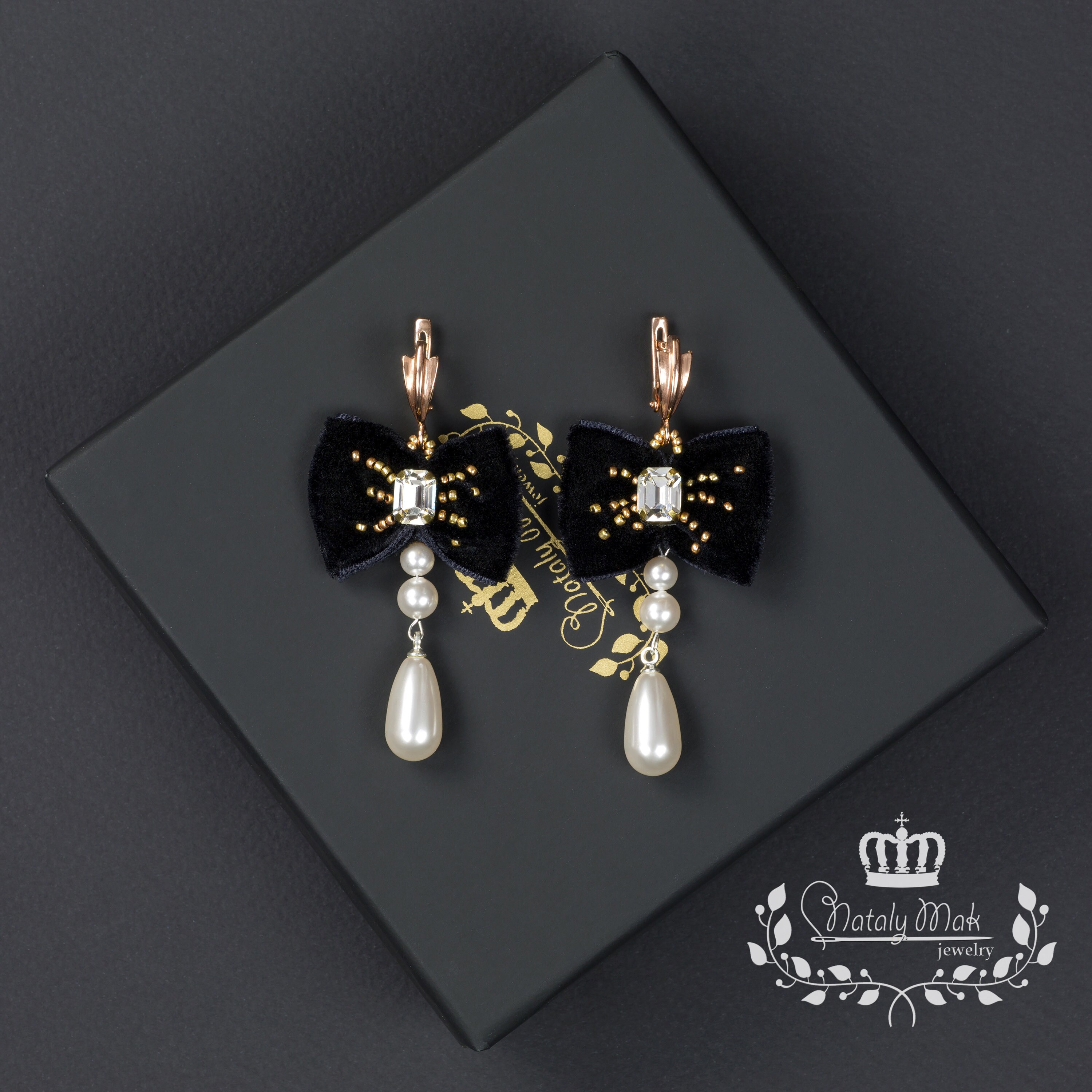 Black bow earrings cocktail earrings large pearl earrings Etsy