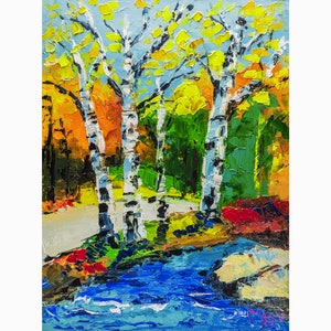 Autumn Birch Tree Oil Painting Aspen Tree Original Art Impasto Canada Artwork Kitchen Wall Art Home Decor House Gift 16x12&#39;&#39; by NatalyMak