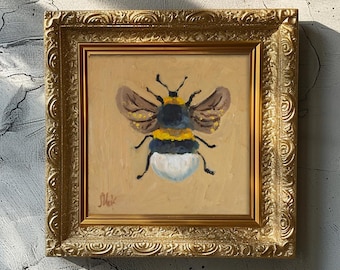Honey Bee Oil Painting in Frame Original Wall Art BumbleBee Small Decor Bee on Flower Artwork  by NatalyMak