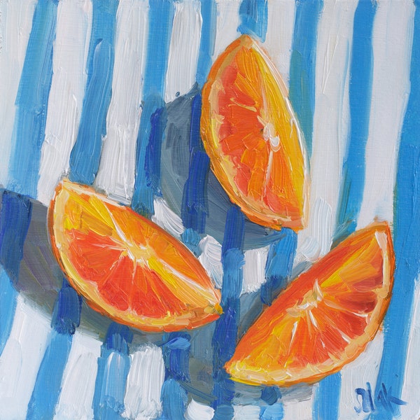 Orange Slices Original Oil Painting Fruit Still Life Art Artwork Impasto Kitchen painting 8x8'' by NatalyMak