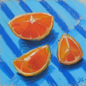 Orange Original Painting Fruit Still Life Art Oil Pastel Artwork  Kitchen painting 8x8&#39;&#39; by NatalyMak