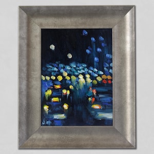 New York Skyline Oil Painting in Frame Night City Original Wall Art Manhattan Cityscape Wall Art 8x6'' by NatalyMak