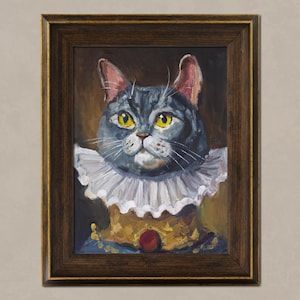 Royal Cat Oil Painting in Frame Renaissance Cat Wall Art Animal Painting Wall Decor Gray Cat 8x10'' by NatalyMak