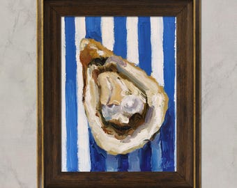 Oyster Oil Painting Framed Shell Original Wall Art Seashell Artwork Pearl Seafood Decor