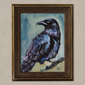 Raven Oil Painting in Frame Bird Original Wall Art Crow Small Artwork Gothic Wall Decor 8x6'' by NatalyMak