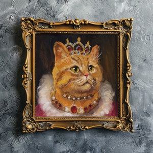 Royal Cat Oil Painting in Frame Renaissance Red Cat Wall Art Queen Animal Painting Wall Decor Ginger Cat 8x8'' by NatalyMak