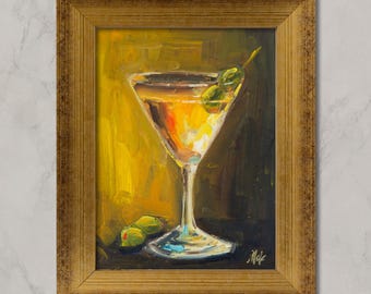 Dirty Martini Painting Framed Original Still Life Wall Art Olive Oil Painting Cocktail Bar