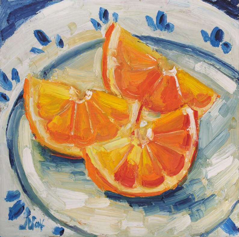 Original oil painting of juicy orange slices, elegantly presented in a frame. The artwork is captured in a vibrant impressionist style with bold, thick brushstrokes that highlight the glistening texture of the fruit. Featuring a bright citrus palette and a beautiful play of light, this small fruit still life is a perfect pop of color for a modern kitchen or a sunny dining room wall.