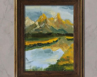 Grand Teton Oil Painting in Frame Autumn Mountains Original Wall Art Yellowstone National Park Artwork Wyoming Art 8x6&#39;&#39; by Nataly Mak