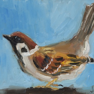 Sparrow Oil Painting in Frame Bird Original Small Animal Wall Art 8x6'' by NatalyMak