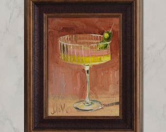Dirty Martini Painting Framed Still Life Original Wall Art Olive Cocktail Drink Alcohol Decor