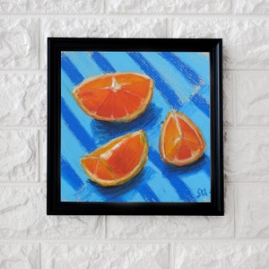 May include: A painting of three orange slices on a blue and white striped background. The orange slices are painted in a realistic style with vibrant colors.