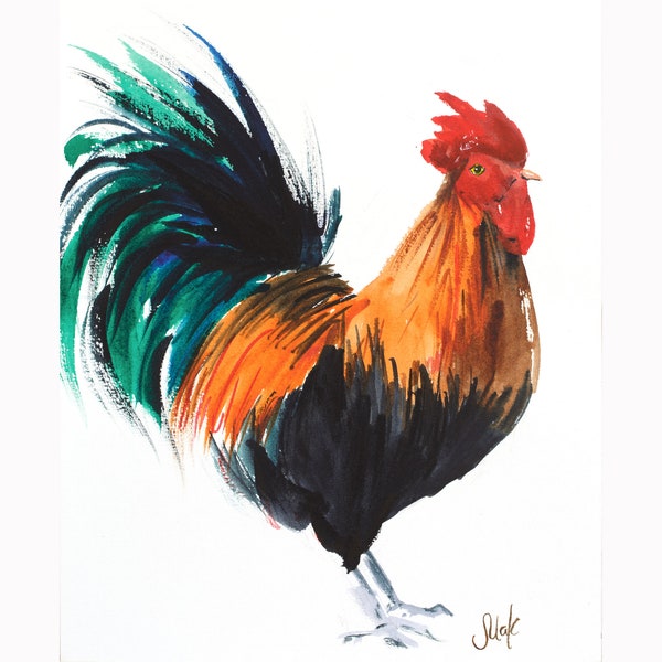 Rooster Painting Bird Original Wall Art Chiken Artwork Cock Kitchen Artwork 8x10'' by Nataly Mak