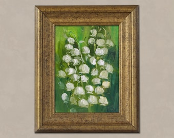 Lily of the Valley Original Oil Painting Framed White Flowers Painting Wall Art