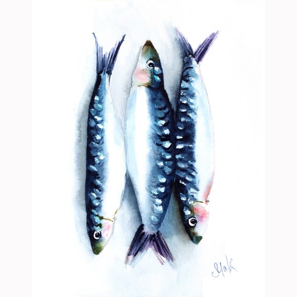 Sardines Painting French Kitchen Original Wall Art Fish Still Life Watercolor Home Gift by NatalyMak
