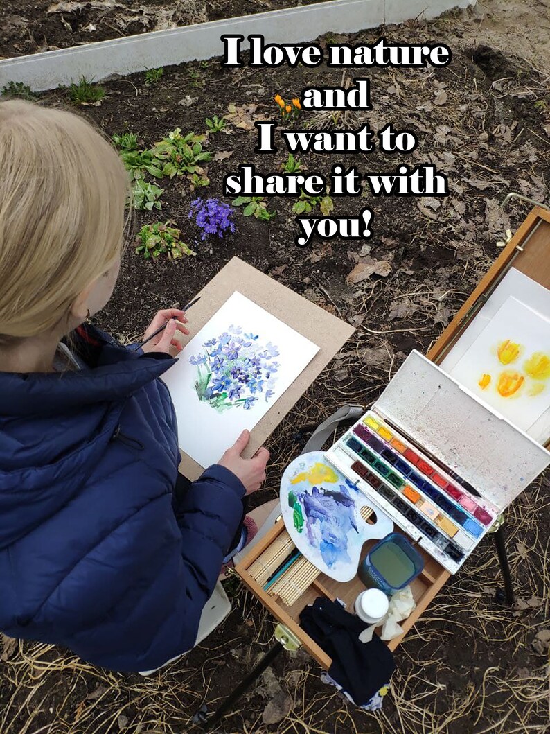 May include: A young person paints a watercolor of purple flowers outdoors. The artist is using a wooden easel and a set of watercolor paints. The text in the image reads "I love nature and I want to share it with you!"