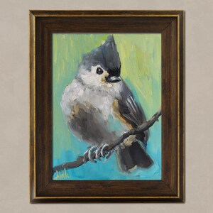 Tufted Titmouse Oil Painting in Frame Bird Original Small Anomal Wall Art House Gift Home Decor 8x6'' by NatalyMak