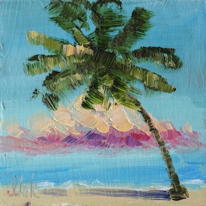 Palm Tree Oil Painting Laguna Beach Original Wall Art California Beach Artwork Small Painting 4x4&#39;&#39; by Nataly Mak