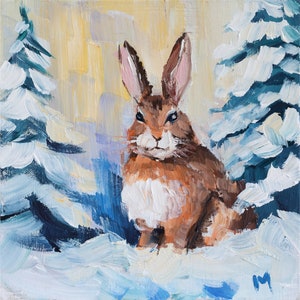 Rabbit in Forest Oil Painting Hare in Winter Landscape Original Wall Art Animal Bunny Artwork by NatalyMak