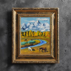 Grand Teton Oil Painting in Frame Autumn Mountains Original Wall Art Yellowstone National Park Artwork Wyoming Art 8x10'' by Nataly Mak