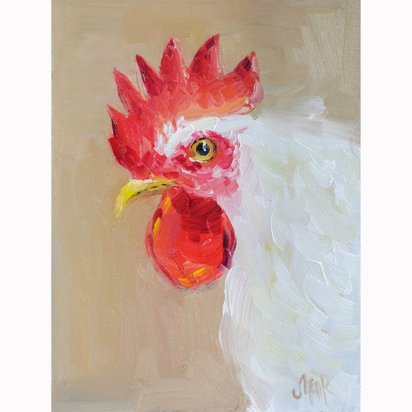 Rooster Oil Painting Bird Original Wall Art Chiken Artwork Cock Kitchen Art by Nataly Mak